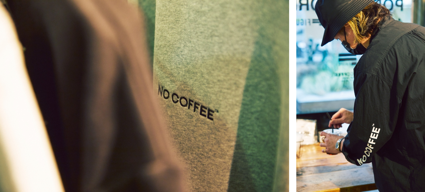 NO COFFEEのロゴとコーヒーを提供する男性スタッフ